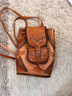 Hand-Tooled Tan Leather Women's Backpack - Tan Leather Crossbody Bag